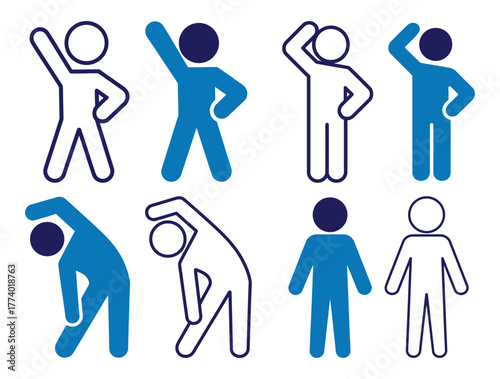 Minimalist icon set of human figures performing stretching exercises, representing warm-up poses and physical activity in blue tones