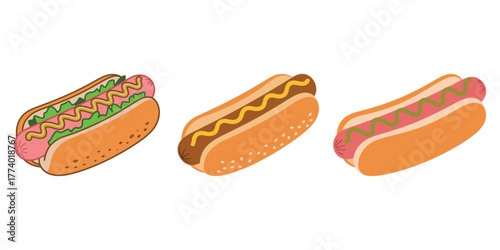 Vector illustration of three hot dogs with different toppings—ketchup, mustard, relish—isolated on white background for food design