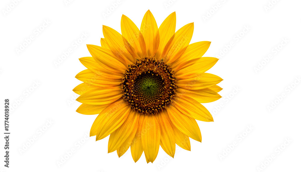 Fototapeta premium Isolated vibrant sunflower with yellow petals, brown center, and black background