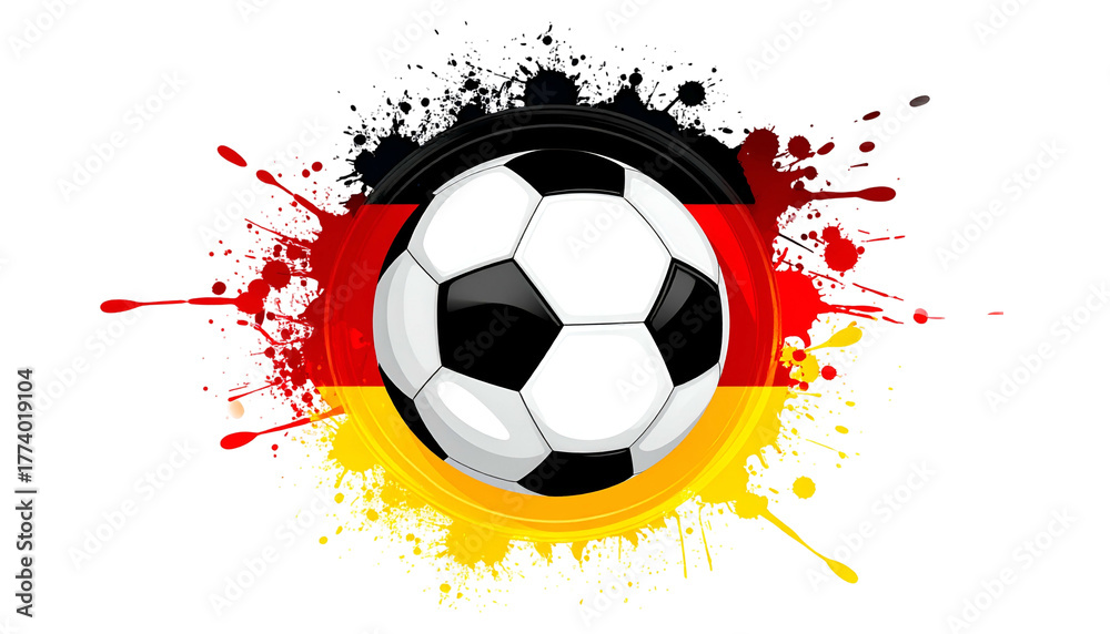 Fototapeta premium A soccer ball sits atop a splash of paint in German flag colors, on a black background