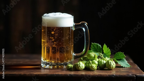 A glass mug filled with beer and hops are located on a wooden table in a dark room