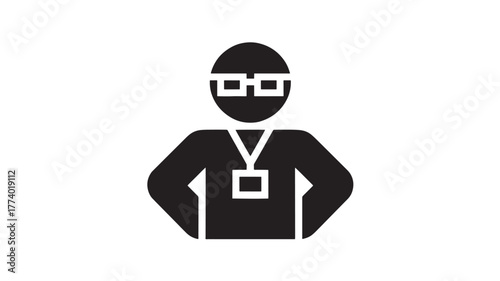Simple black glyph icon of a person wearing glasses and a lanyard vector illustration isolated on white background for user interface design