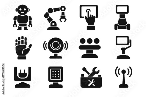 Icons grid robot arm touchscreen tablet sensor ai vector display holder voice