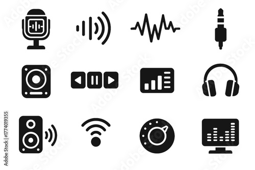 Futuristic led input vector microphone audio buttons device dial headphone icons icon