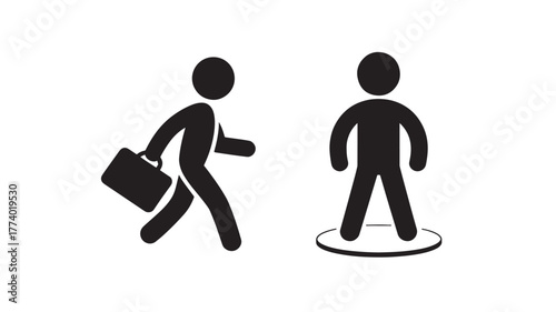 Stick figure leaving a circle carrying a briefcase simple flat vector icon for business concepts isolated on white background