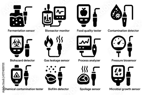 Icon bioreactor gas biohazard vector sensor spoilage growth tester biosensor icons contamination