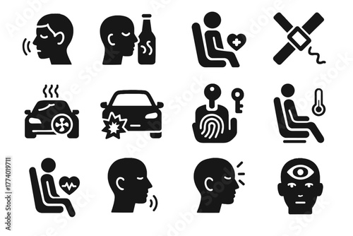 Icon occupant posture belt heartbeat sensor biosensor monitor vector icons detection temperature