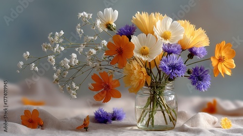 Cheerful bouquet of wildflowers in a clear glass jar on soft fabric