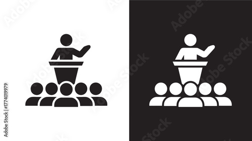 Public speaker icon giving a speech to an audience vector illustration for presentations and conferences