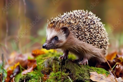 European hedgehog walking on mossy ground covered with dry leaves in the forest during fall season