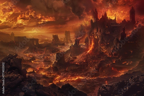 Lava flowing from erupting volcano destroying medieval castle in apocalyptic fiery landscape