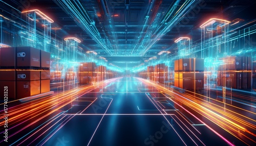 a mesmerizing futuristic ai powered logistics hub featuring glowing cybernetic supply chain pathways pulsating holographic warehouse automation grids and swirling quantum enhanced delivery network