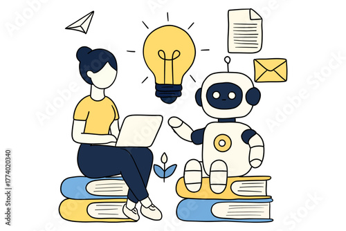 Robot and Woman Studying Together – Creative AI and Education Flat Vector Illustration