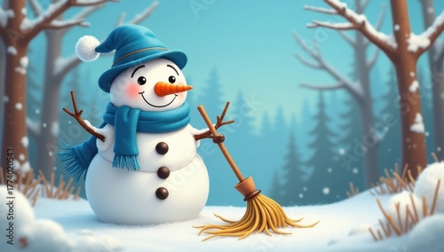 Festive winter scene of a cheerful snowman standing in a snow-covered forest, decorated with a scarf and hat, surrounded by soft falling snow and holiday atmosphere