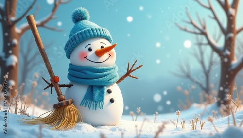 Festive winter scene of a cheerful snowman standing in a snow-covered forest, decorated with a scarf and hat, surrounded by soft falling snow and holiday atmosphere