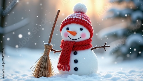 Festive winter scene of a cheerful snowman standing in a snow-covered forest, decorated with a scarf and hat, surrounded by soft falling snow and holiday atmosphere