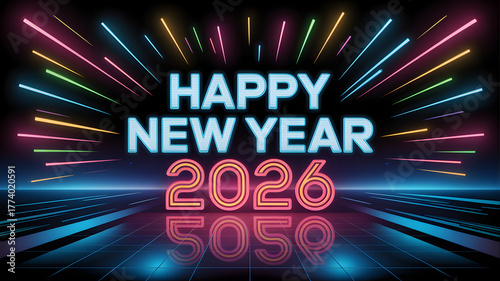Retro neon 2026 Background illustration with colorful fireworks and glowing lines,generative ai