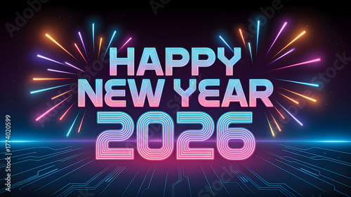 Futuristic tech 2026 Background illustration with fireworks and digital grid lights,generative ai