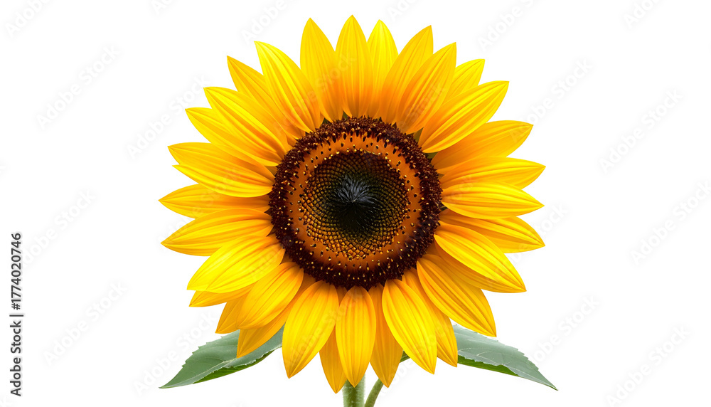 Fototapeta premium A vibrant sunflower blooms with bright yellow petals, dark center, and green leaves