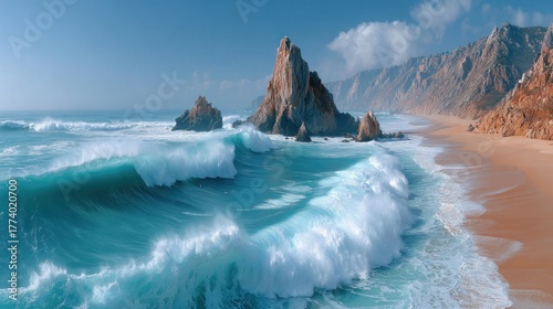 Coastal waves roll onto a sandy beach below rocky cliffs
