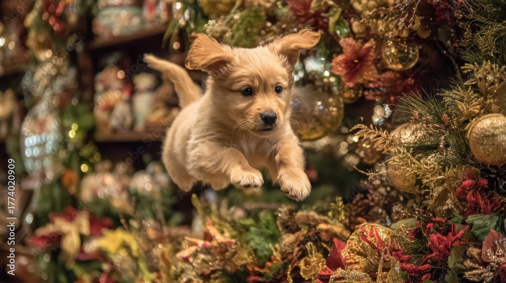Naklejka premium adorable puppy leaping through christmas decor