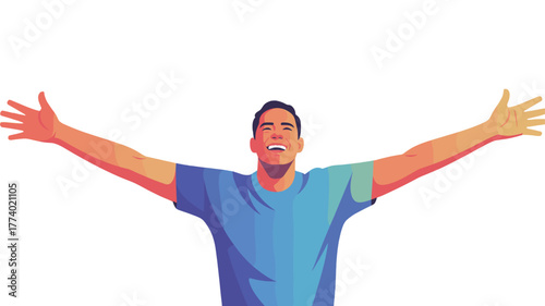 A man stretches his arms wide open in excitement.