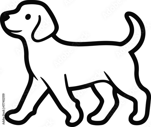Walking puppy outline, gentle black lines, white background, kids-friendly and sticker-ready vector, clean minimal style, no gradients
