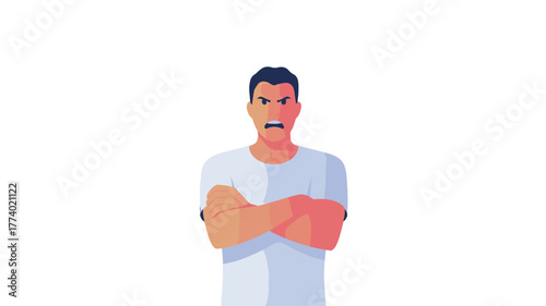 A man displays an angry expression and crossed arms.