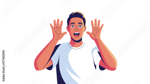 A surprised man holding his hands up.