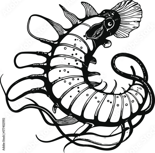 Sea cucumber with tube feet details, marine anatomy line art, white background, accurate biological proportion, clear thin black outline, vector illustration