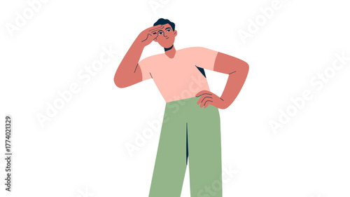 A person with a raised hand looking forward.