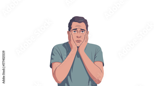 A worried man with hands on cheeks, a visual representation of emotional distress.
