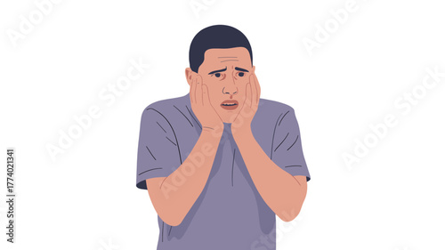 A man expressing distress, with hands on his cheeks.