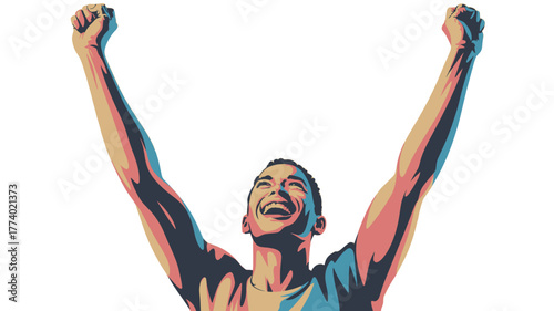 A triumphant individual exults in a gesture of elation and triumph.