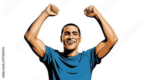 A portrait of a person triumphantly celebrating with arms raised in joy.