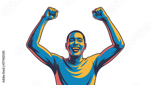 An enthusiastic person celebrating success with arms raised.