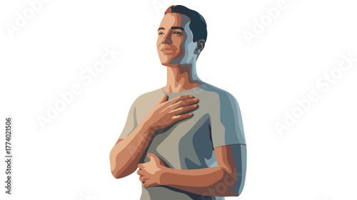 A man holding his hand on his heart, looking hopeful.