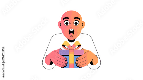 An excited man receiving a beautifully wrapped gift.