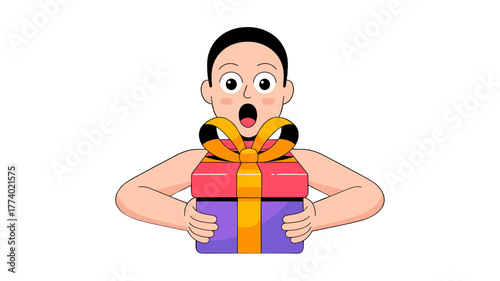 A surprised person receiving a gift.