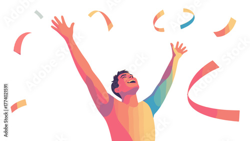 A person celebrating a joyful moment with open arms, colorful confetti falling around.
