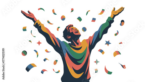 A man celebrating a moment with joy and colorful confetti.