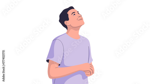 A man looking up with a cheerful expression.