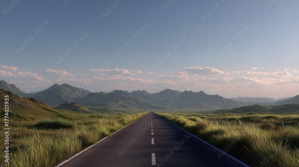 Obraz premium Serene Road Journey Through Lush Green Mountains Nature Landscape Photography Soft Natural Light Panoramic View Minimalist Design Tranquil Environment for Travel Enthusiasts