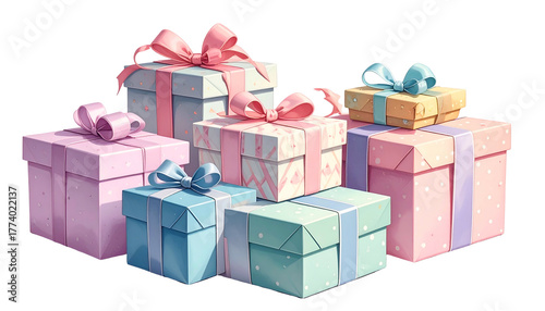 Illustration of several pastel-colored gift boxes, each with a decorative ribbon