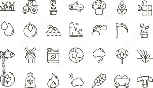 Agribusiness& Eco-Farming Icon Set: Monoline Agriculture and Environmental Symbols for Sustainable Food Production Branding