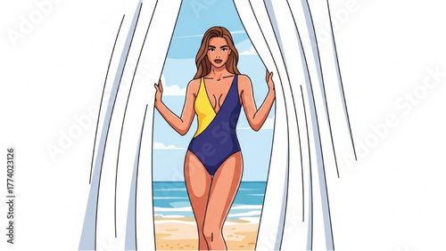 Ocean View Woman in Swimsuit by Beachside Curtains