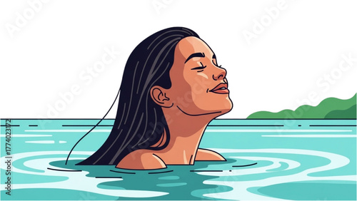 Woman enjoying a refreshing swim in serene blue waters surrounded by nature