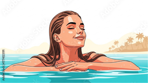 Relaxed woman enjoying a serene moment in the water with tropical islands in the background