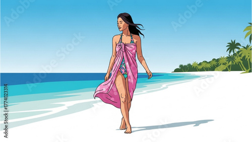 Peaceful beach walk woman in pink sarong on beautiful tropical shore, an idyllic sunny escape