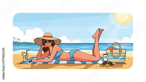 Girl sunbathing at the beach, relaxing with a refreshing drink by the sea